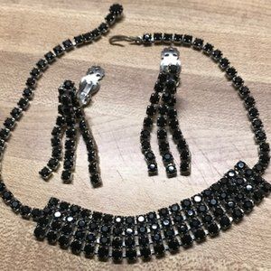 Vintage 1960's Black Spinel Necklace & Waterfall clip on Earrings Jewelry Set